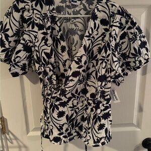Old Navy Black and White Flutter Sleeve Wrap Blouse